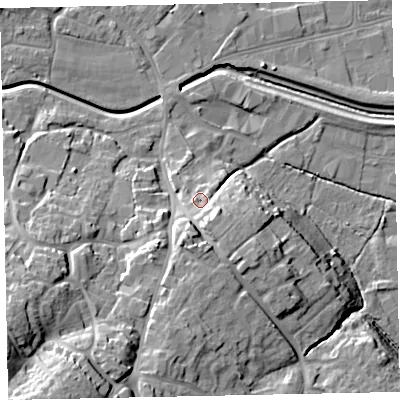 Shaded relief map of the ground around EX28TE, computed from Environment Agency LiDAR. The ground here sits at about 14 m above sea level and falls 31 m across the surrounding 800 m. Surface water reaching this point runs off ground lying to the south-south-east, 5.5 m higher.