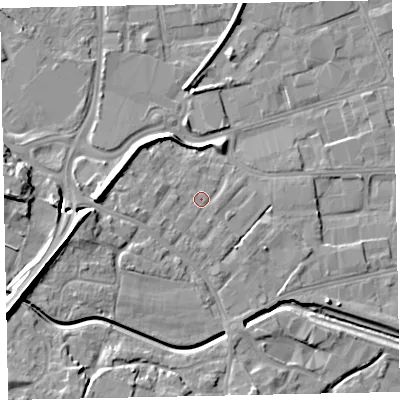 Shaded relief map of the ground around EX28TF, computed from Environment Agency LiDAR. The ground here sits at about 8 m above sea level and falls 14 m across the surrounding 800 m. Surface water reaching this point runs off ground lying to the west, 2.4 m higher.