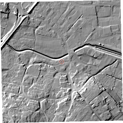 Shaded relief map of the ground around EX28TG, computed from Environment Agency LiDAR. The ground here sits at about 9 m above sea level and falls 33 m across the surrounding 800 m. Surface water reaching this point runs off ground lying to the south-west, 26.3 m higher.