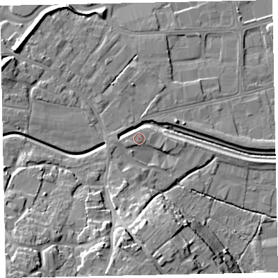 Shaded relief map of the ground around EX28TH, computed from Environment Agency LiDAR. The ground here sits at about 9 m above sea level and falls 23 m across the surrounding 800 m. Surface water reaching this point runs off ground lying to the west-south-west, 0.8 m higher.