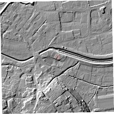 Shaded relief map of the ground around EX28TJ, computed from Environment Agency LiDAR. The ground here sits at about 9 m above sea level and falls 20 m across the surrounding 800 m. Surface water reaching this point runs off ground lying to the west-south-west, 3.4 m higher.