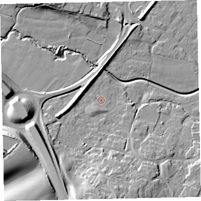 Shaded relief map of the ground around EX28TN, computed from Environment Agency LiDAR. The ground here sits at about 13 m above sea level and falls 43 m across the surrounding 800 m. Surface water reaching this point runs off ground lying to the south-west, 10.2 m higher.