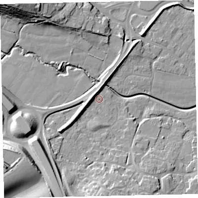 Shaded relief map of the ground around EX28TP, computed from Environment Agency LiDAR. The ground here sits at about 13 m above sea level and falls 40 m across the surrounding 800 m. Surface water reaching this point runs off ground lying to the south-west, 12.5 m higher.