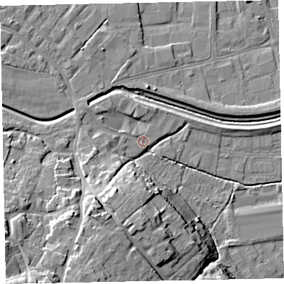 Shaded relief map of the ground around EX28TT, computed from Environment Agency LiDAR. The ground here sits at about 7 m above sea level and falls 22 m across the surrounding 800 m. Surface water reaching this point runs off ground lying to the south-south-west, 12.5 m higher.
