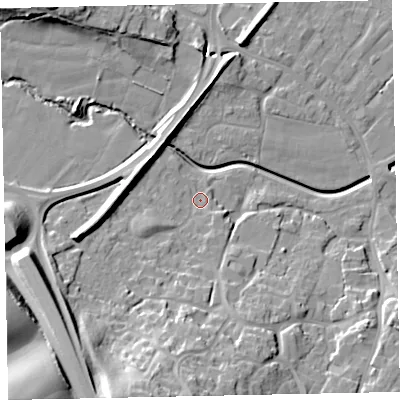 Shaded relief map of the ground around EX28TW, computed from Environment Agency LiDAR. The ground here sits at about 12 m above sea level and falls 41 m across the surrounding 800 m. Surface water reaching this point runs off ground lying to the south-south-west, 26.7 m higher.