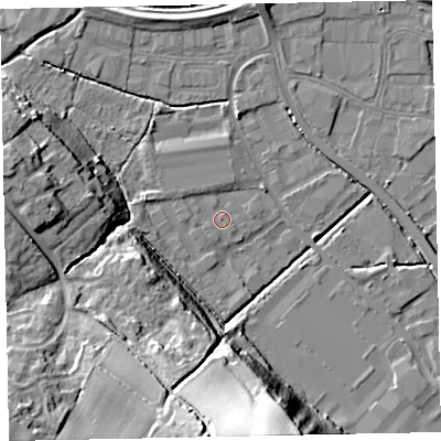 Shaded relief map of the ground around EX28WA, computed from Environment Agency LiDAR. The ground here sits at about 5 m above sea level and falls 33 m across the surrounding 800 m. Surface water reaching this point runs off ground lying to the north-west, 1.1 m higher.
