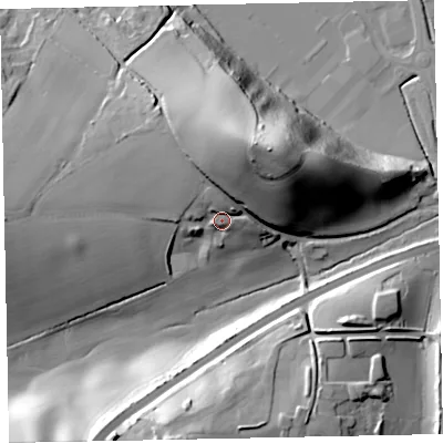 Shaded relief map of the ground around EX28XW, computed from Environment Agency LiDAR. The ground here sits at about 21 m above sea level and falls 47 m across the surrounding 800 m. Surface water reaching this point runs off ground lying to the north, 8.9 m higher.