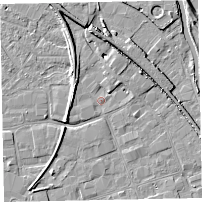 Shaded relief map of the ground around EX28YX, computed from Environment Agency LiDAR. The ground here sits at about 6 m above sea level and falls 10 m across the surrounding 800 m. Surface water reaching this point runs off ground lying to the west, 5.8 m higher.