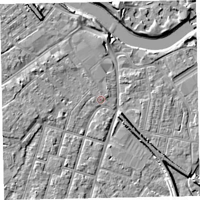 Shaded relief map of the ground around EX29AA, computed from Environment Agency LiDAR. The ground here sits at about 7 m above sea level and falls 11 m across the surrounding 800 m. Surface water reaching this point runs off ground lying to the north, 1.3 m higher.