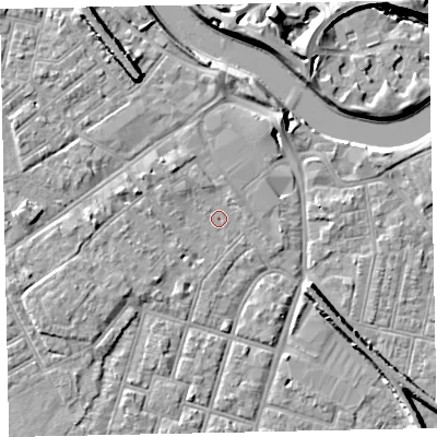 Shaded relief map of the ground around EX29AB, computed from Environment Agency LiDAR. The ground here sits at about 8 m above sea level and falls 14 m across the surrounding 800 m. Surface water reaching this point runs off ground lying to the west-north-west, 3.3 m higher.