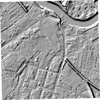 Shaded relief map of the ground around EX29AD, computed from Environment Agency LiDAR. The ground here sits at about 8 m above sea level and falls 9 m across the surrounding 800 m. Surface water reaching this point runs off ground lying to the west-north-west, 3.3 m higher.