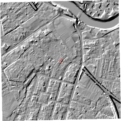 Shaded relief map of the ground around EX29AE, computed from Environment Agency LiDAR. The ground here sits at about 8 m above sea level and falls 9 m across the surrounding 800 m. Surface water reaching this point runs off ground lying to the north-west, 3.3 m higher.