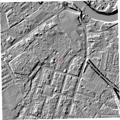 Shaded relief map of the ground around EX29AF, computed from Environment Agency LiDAR. The ground here sits at about 8 m above sea level and falls 9 m across the surrounding 800 m. The ground contributing surface water to this point lies to the west.