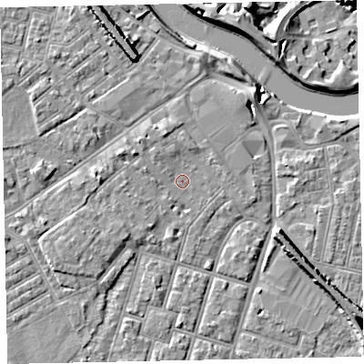 Shaded relief map of the ground around EX29AG, computed from Environment Agency LiDAR. The ground here sits at about 8 m above sea level and falls 12 m across the surrounding 800 m. Surface water reaching this point runs off ground lying to the west-north-west, 3.3 m higher.