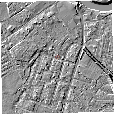 Shaded relief map of the ground around EX29AH, computed from Environment Agency LiDAR. The ground here sits at about 7 m above sea level and falls 8 m across the surrounding 800 m. Surface water reaching this point runs off ground lying to the west, 3.0 m higher.