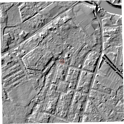 Shaded relief map of the ground around EX29AJ, computed from Environment Agency LiDAR. The ground here sits at about 7 m above sea level and falls 8 m across the surrounding 800 m. Surface water reaching this point runs off ground lying to the north-west, 3.2 m higher.
