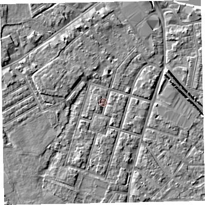 Shaded relief map of the ground around EX29AL, computed from Environment Agency LiDAR. The ground here sits at about 7 m above sea level and falls 8 m across the surrounding 800 m. Surface water reaching this point runs off ground lying to the south-south-west, 1.9 m higher.