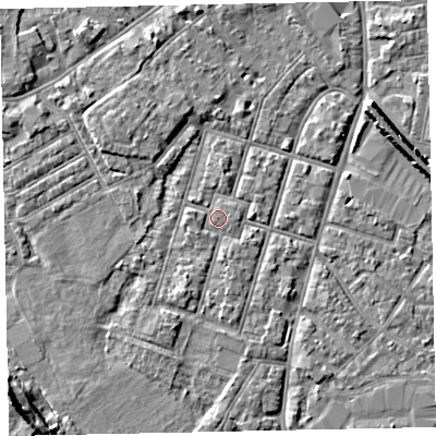 Shaded relief map of the ground around EX29AN, computed from Environment Agency LiDAR. The ground here sits at about 8 m above sea level and falls 12 m across the surrounding 800 m. Surface water reaching this point runs off ground lying to the south-south-west, 1.7 m higher.