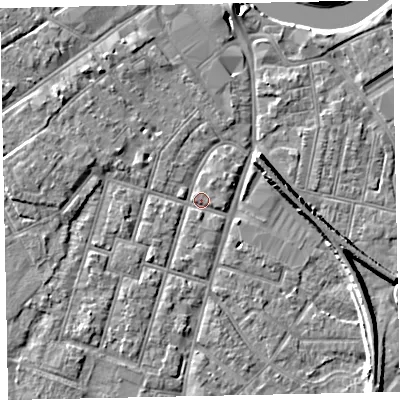 Shaded relief map of the ground around EX29AP, computed from Environment Agency LiDAR. The ground here sits at about 7 m above sea level and falls 8 m across the surrounding 800 m. Surface water reaching this point runs off ground lying to the west, 3.0 m higher.