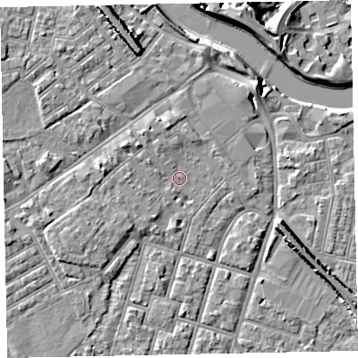 Shaded relief map of the ground around EX29AQ, computed from Environment Agency LiDAR. The ground here sits at about 8 m above sea level and falls 9 m across the surrounding 800 m. Surface water reaching this point runs off ground lying to the north-west, 3.3 m higher.