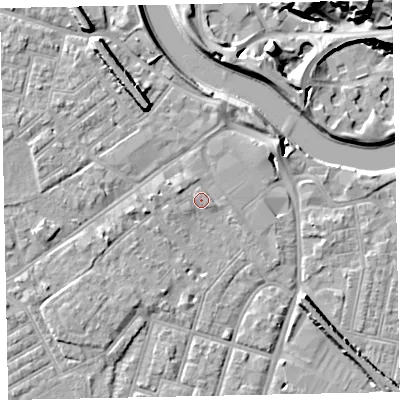 Shaded relief map of the ground around EX29AT, computed from Environment Agency LiDAR. The ground here sits at about 9 m above sea level and falls 21 m across the surrounding 800 m. Surface water reaching this point runs off ground lying to the west, 1.0 m higher.