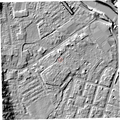 Shaded relief map of the ground around EX29AU, computed from Environment Agency LiDAR. The ground here sits at about 9 m above sea level and falls 12 m across the surrounding 800 m. Surface water reaching this point runs off ground lying to the south-south-west, 1.4 m higher.