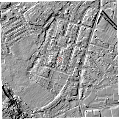Shaded relief map of the ground around EX29AW, computed from Environment Agency LiDAR. The ground here sits at about 8 m above sea level and falls 16 m across the surrounding 800 m. Surface water reaching this point runs off ground lying to the south-west, 14.2 m higher.