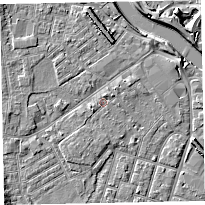 Shaded relief map of the ground around EX29AX, computed from Environment Agency LiDAR. The ground here sits at about 9 m above sea level and falls 9 m across the surrounding 800 m. Surface water reaching this point runs off ground lying to the south-west, 2.2 m higher.