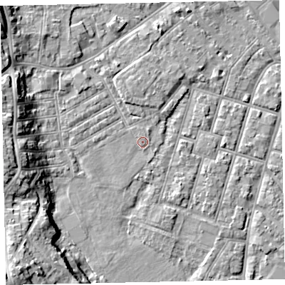 Shaded relief map of the ground around EX29AY, computed from Environment Agency LiDAR. The ground here sits at about 8 m above sea level and falls 20 m across the surrounding 800 m. Surface water reaching this point runs off ground lying to the west, 1.1 m higher.