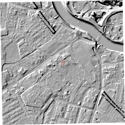 Shaded relief map of the ground around EX29AZ, computed from Environment Agency LiDAR. The ground here sits at about 9 m above sea level and falls 21 m across the surrounding 800 m. Surface water reaching this point runs off ground lying to the north, 1.2 m higher.