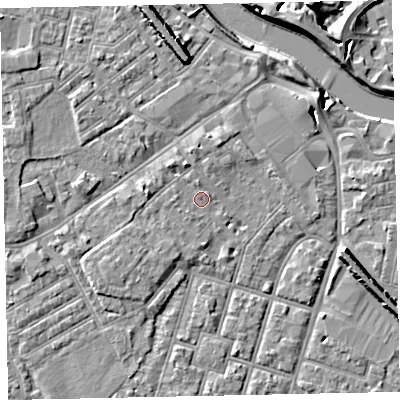 Shaded relief map of the ground around EX29BA, computed from Environment Agency LiDAR. The ground here sits at about 8 m above sea level and falls 9 m across the surrounding 800 m. Surface water reaching this point runs off ground lying to the north-north-west, 2.2 m higher.