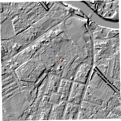 Shaded relief map of the ground around EX29BB, computed from Environment Agency LiDAR. The ground here sits at about 8 m above sea level and falls 9 m across the surrounding 800 m. Surface water reaching this point runs off ground lying to the north-north-west, 1.4 m higher.