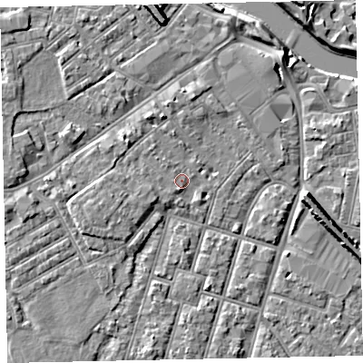 Shaded relief map of the ground around EX29BD, computed from Environment Agency LiDAR. The ground here sits at about 8 m above sea level and falls 9 m across the surrounding 800 m. Surface water reaching this point runs off ground lying to the west-south-west, 1.6 m higher.