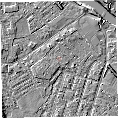 Shaded relief map of the ground around EX29BE, computed from Environment Agency LiDAR. The ground here sits at about 8 m above sea level and falls 9 m across the surrounding 800 m. Surface water reaching this point runs off ground lying to the west-south-west, 1.4 m higher.