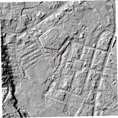 Shaded relief map of the ground around EX29BG, computed from Environment Agency LiDAR. The ground here sits at about 8 m above sea level and falls 17 m across the surrounding 800 m. Surface water reaching this point runs off ground lying to the north-west, 2.8 m higher.