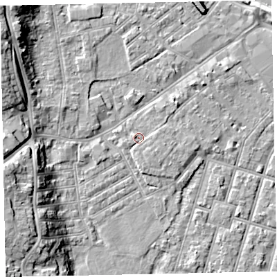 Shaded relief map of the ground around EX29BH, computed from Environment Agency LiDAR. The ground here sits at about 8 m above sea level and falls 15 m across the surrounding 800 m. Surface water reaching this point runs off ground lying to the south-east, 1.8 m higher.