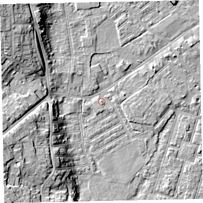 Shaded relief map of the ground around EX29BJ, computed from Environment Agency LiDAR. The ground here sits at about 9 m above sea level and falls 20 m across the surrounding 800 m. Surface water reaching this point runs off ground lying to the south-south-west, 1.7 m higher.