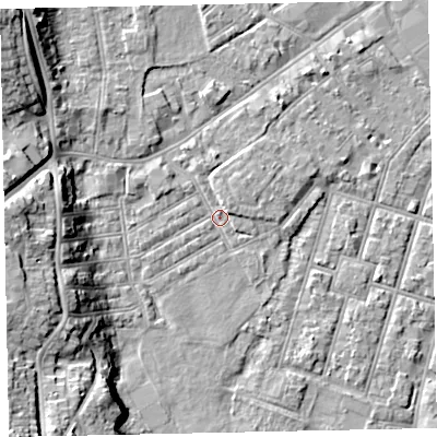 Shaded relief map of the ground around EX29BL, computed from Environment Agency LiDAR. The ground here sits at about 8 m above sea level and falls 19 m across the surrounding 800 m. Surface water reaching this point runs off ground lying to the west-north-west, 1.8 m higher.