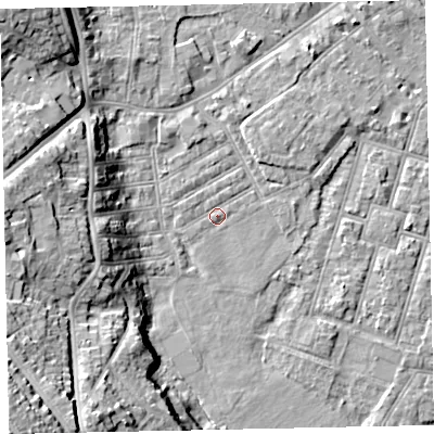 Shaded relief map of the ground around EX29BP, computed from Environment Agency LiDAR. The ground here sits at about 8 m above sea level and falls 29 m across the surrounding 800 m. Surface water reaching this point runs off ground lying to the south-west, 0.8 m higher.