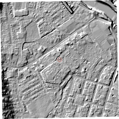 Shaded relief map of the ground around EX29BQ, computed from Environment Agency LiDAR. The ground here sits at about 8 m above sea level and falls 12 m across the surrounding 800 m. Surface water reaching this point runs off ground lying to the south-south-west, 1.3 m higher.