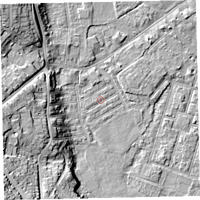 Shaded relief map of the ground around EX29BR, computed from Environment Agency LiDAR. The ground here sits at about 9 m above sea level and falls 26 m across the surrounding 800 m. Surface water reaching this point runs off ground lying to the west-south-west, 0.9 m higher.