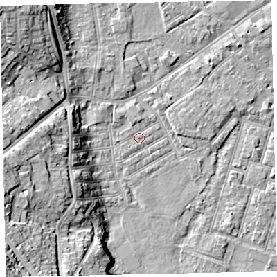 Shaded relief map of the ground around EX29BS, computed from Environment Agency LiDAR. The ground here sits at about 9 m above sea level and falls 26 m across the surrounding 800 m. Surface water reaching this point runs off ground lying to the north, 1.2 m higher.