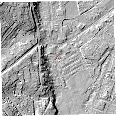Shaded relief map of the ground around EX29BT, computed from Environment Agency LiDAR. The ground here sits at about 9 m above sea level and falls 31 m across the surrounding 800 m. Surface water reaching this point runs off ground lying to the west-south-west, 20.3 m higher.