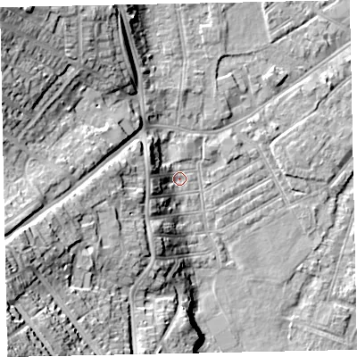 Shaded relief map of the ground around EX29BU, computed from Environment Agency LiDAR. The ground here sits at about 9 m above sea level and falls 37 m across the surrounding 800 m. Surface water reaching this point runs off ground lying to the west-south-west, 7.3 m higher.