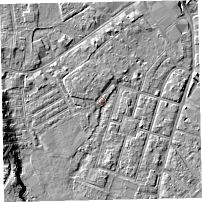 Shaded relief map of the ground around EX29BW, computed from Environment Agency LiDAR. The ground here sits at about 8 m above sea level and falls 14 m across the surrounding 800 m. Surface water reaching this point runs off ground lying to the west-north-west, 2.8 m higher.