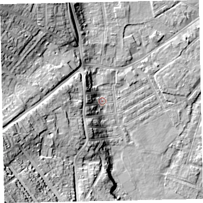Shaded relief map of the ground around EX29BX, computed from Environment Agency LiDAR. The ground here sits at about 9 m above sea level and falls 41 m across the surrounding 800 m. Surface water reaching this point runs off ground lying to the west-south-west, 7.4 m higher.