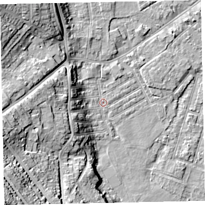 Shaded relief map of the ground around EX29BY, computed from Environment Agency LiDAR. The ground here sits at about 8 m above sea level and falls 36 m across the surrounding 800 m. Surface water reaching this point runs off ground lying to the west-south-west, 20.4 m higher.