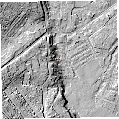 Shaded relief map of the ground around EX29BZ, computed from Environment Agency LiDAR. The ground here sits at about 9 m above sea level and falls 46 m across the surrounding 800 m. Surface water reaching this point runs off ground lying to the south-west, 8.3 m higher.