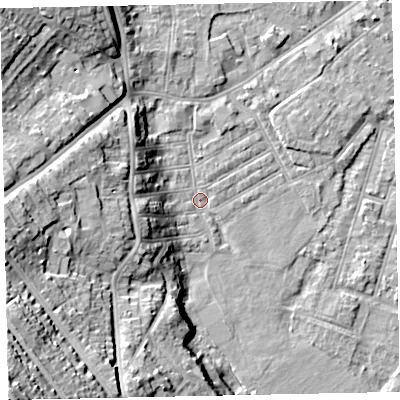 Shaded relief map of the ground around EX29DA, computed from Environment Agency LiDAR. The ground here sits at about 8 m above sea level and falls 40 m across the surrounding 800 m. Surface water reaching this point runs off ground lying to the west-south-west, 20.1 m higher.