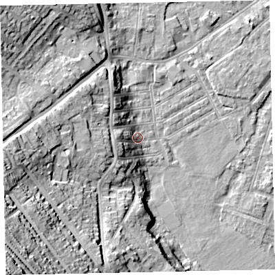 Shaded relief map of the ground around EX29DB, computed from Environment Agency LiDAR. The ground here sits at about 10 m above sea level and falls 52 m across the surrounding 800 m. Surface water reaching this point runs off ground lying to the west-south-west, 8.6 m higher.